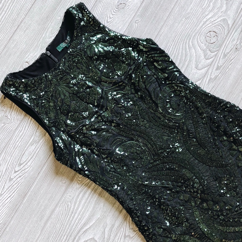 Ralph Lauren Green Sequin Lace Midi Sheath Dress